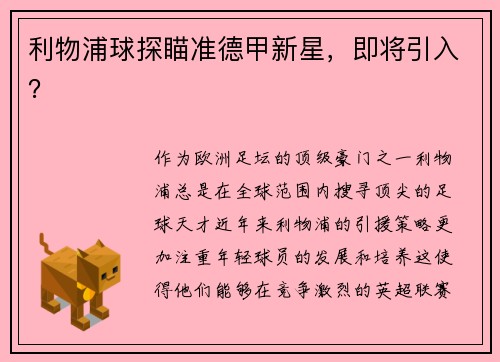 利物浦球探瞄准德甲新星，即将引入？